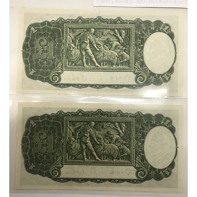 1942 Pair of Uncirculated Consecutive Serial Numbered Commonwealth of Australia One Pound Notes