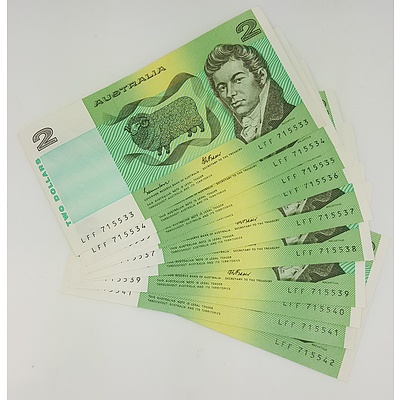 Run of 10 Consecutive Serial Numbered 1985 Last year of Issue $2 Australian Paper Notes