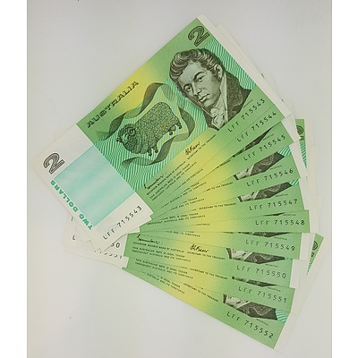 Run of 10 Consecutive Serial Numbered 1985 Last year of Issue $2 Australian Paper Notes