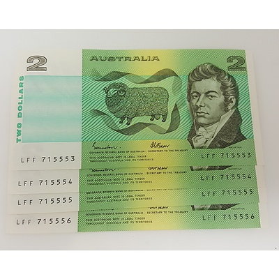 Run of 4 Consecutive Serial Numbered 1985 Last year of Issue $2 Australian Paper Notes