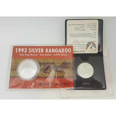 1993 Pure Silver One Ounce Kangaroo and a 1986 RAM $10 South Australian State Series Uncirculated Silver Coin