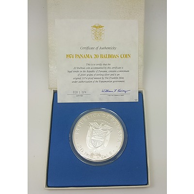 1974 Panama 20 Balboas - Huge Sterling Silver Proof Coin