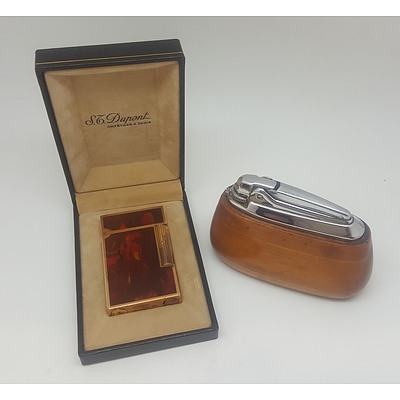 Cased Dupont Lighter and Wooden Table Lighter