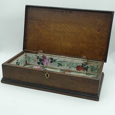 Antique Oak Box, With Brass Escutcheon and Floral Paper Lined Interior