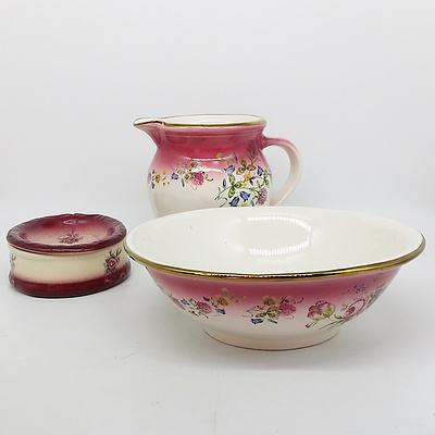 Robert Gordon Jug and Bowl, Wagner Rider Soap Dish, and E.Mussuri de Rozan Wash Basin and Jug