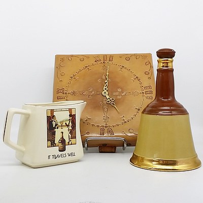 Amberglade English Porcelain Jug, Bell's Scotch Whisky Bottle, and Leather Clock