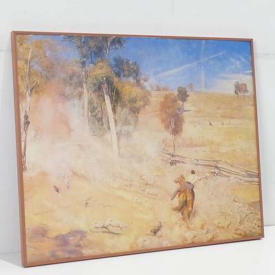 Group of Landscape and Botanical Offset Prints, Including Tom Roberts The Breakaway