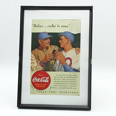 Framed 1940 Coca Cola Relax Take it Easy Advertisment