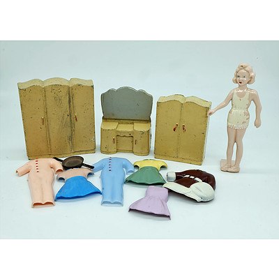 Vintage Plastic Dolls Dress Up Set with Painted Cast Metal Doll House Bedroom Set