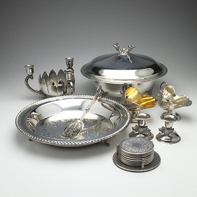 Group of Silver Plate, Sugar Scuttle, Coasters, Butlers Tray, Goblets and More 