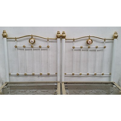 Pair of Vintage Single Beds with Painted Porcelain Medallions and Brass Finials