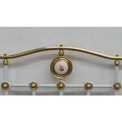 Pair of Vintage Single Beds with Painted Porcelain Medallions and Brass Finials