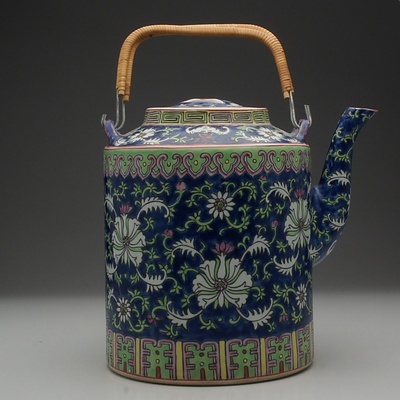 Chinese Famille Rose Teapot with Wicker Handle