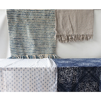 Two Throw Rugs, Two Fine Cotton Drapes, and One Blue Circular Table Cloth