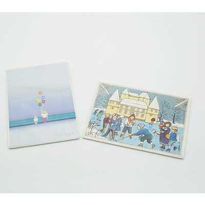 Two Villeroy and Boch Card Tiles, Including Winter Scene and Colorful Balloons