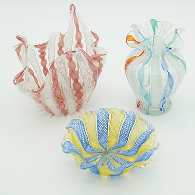Venetian Lattachino Bowls and Handkerchief Vase