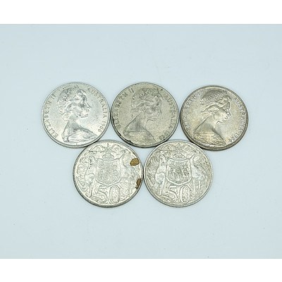 Five 1966 Australian Round 50 Cent Coins