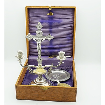 Vintage Traveling Communion Set in an Brass Bound Oak Box