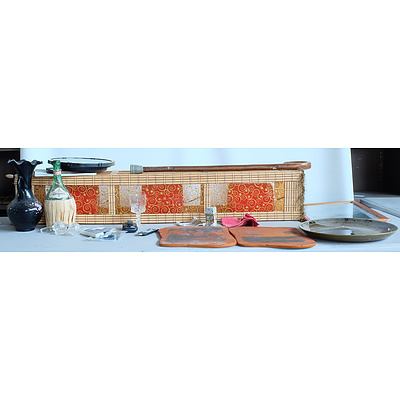 Mixed Lot of Homeware Items including Lamp, Standing Fan, Walking Stick, Vases, and Offset Prints