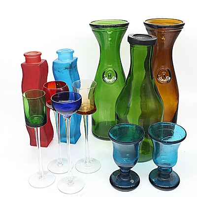 Collection of Colour Glass Including, Jugs, Vases, and Glasses