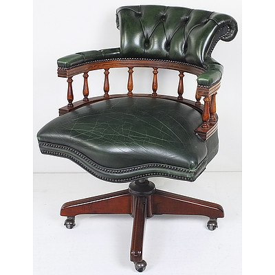 Green Buttoned Leather Upholstered Captains Chair