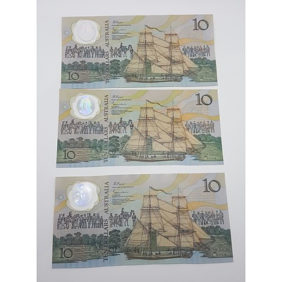 Three Australian 1984 Bicentennial Commemorative Ten Dollar Notes