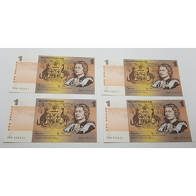Run of Four Consecutive Serial Numbered?Australian One Dollar Paper Notes