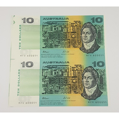 Rare Uncut Pair of Fraser / Cole Ten Dollar Australian Banknotes - from the 1991 International Coin Fair