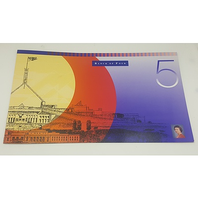 Note Portfolio - Uncut Block of Four 1996 Five Dollar Notes in Presentation Folder issue 1784 of Only 2200 Produced