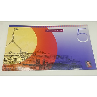 Note Portfolio - Uncut Block of Four 1996 Five Dollar Notes in Presentation Folder issue 916 of Only 1000 Produced
