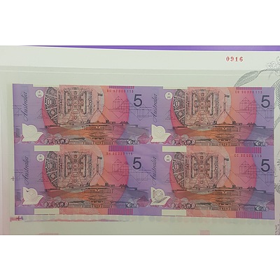 Note Portfolio - Uncut Block of Four 1996 Five Dollar Notes in Presentation Folder issue 916 of Only 1000 Produced