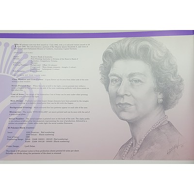 Note Portfolio - Uncut Block of Four 1996 Five Dollar Notes in Presentation Folder issue 916 of Only 1000 Produced