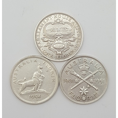 Australian Commemorative Florins - 1927 Parliament House, 1954 Royal Visit Elizabeth II and 1951 Federation Jubilee