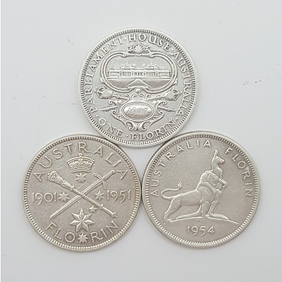 Australian Commemorative Florins - 1927 Parliament House, 1954 Royal Visit Elizabeth II and 1951 Federation Jubilee