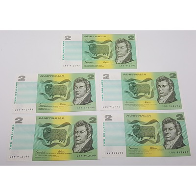 Run of Five Consecutive Serial Numbered Australian?Two Dollar Paper Notes