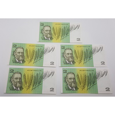Run of Five Consecutive Serial Numbered Australian?Two Dollar Paper Notes