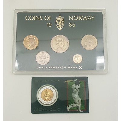 Don Bradman Five Dollar Commemorative and 1986 Norwegian Proof Set