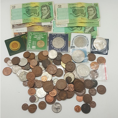 Paper Mache Trinket Box (as is) with Contents of Coins, Medallions, Banknotes etc