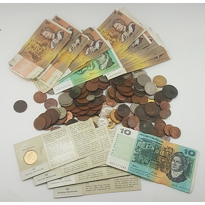 Vintage Sweets Tin with Contents of Coins including Australian Silver Coins, Notes etc
