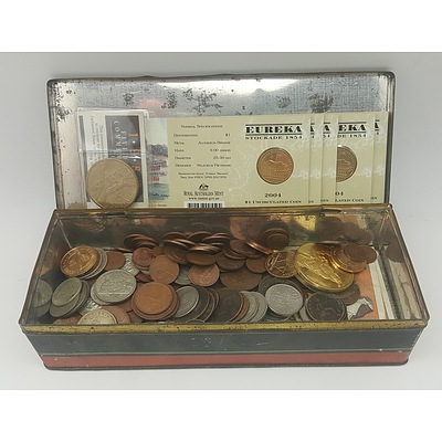 Vintage Sweets Tin with Contents of Coins including Australian Silver Coins, Notes etc