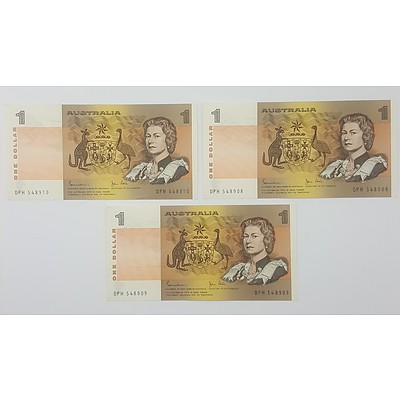 Three Consecutive Serial Numbered Australian One Dollar Notes