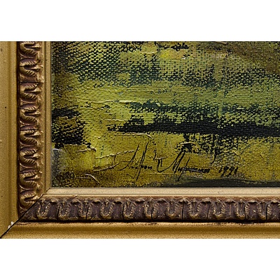 Russian School, House in the Woods, 1991. Signed & titled in cyrillic verso. Oil on Canvas