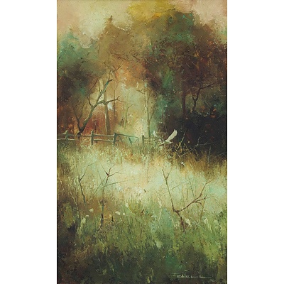 FENNELL, Peter (b.1949) Heron Flying in a Field Oil on Board