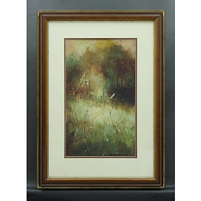 FENNELL, Peter (b.1949) Heron Flying in a Field Oil on Board