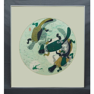 Cornel Swen (1930-) Platypuses & Frog Dye on Washi Paper