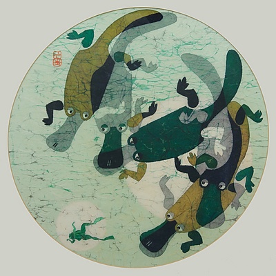 Cornel Swen (1930-) Platypuses & Frog Dye on Washi Paper