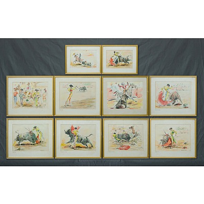 CALDENTEY (Spanish School) (8): Spanish Bullfighting Scenes Ink & Watercolour