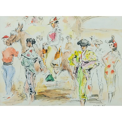 CALDENTEY (Spanish School) (8): Spanish Bullfighting Scenes Ink & Watercolour