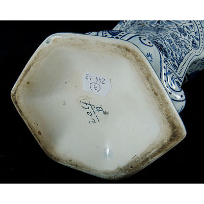 Delft Vases. Incl. a pair of taller flattened form (small repair to rim) & a single flask form vase