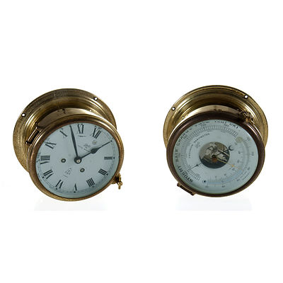 Matching Schatz Ships Clock & Barometer. Brass cased bell strike clock. Barometer incorporates thermometer. Unserviced, running & striking 